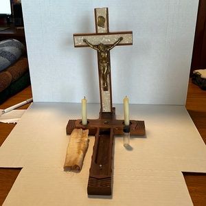 Vintage Last Rights Wooden Crucifix with Holy Water Bottle and Candles